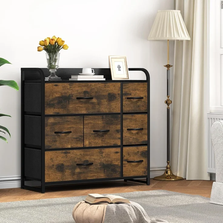 YITAHOME kommode mit Schubladen, Schrank mit 7 Schubladen aus Stoff, Aufbewahrungskommode Modernen Stil für Schlafzimmer, Wohnzimmer, Kinderzimmer, Flur, rustikal braun – Bild 7