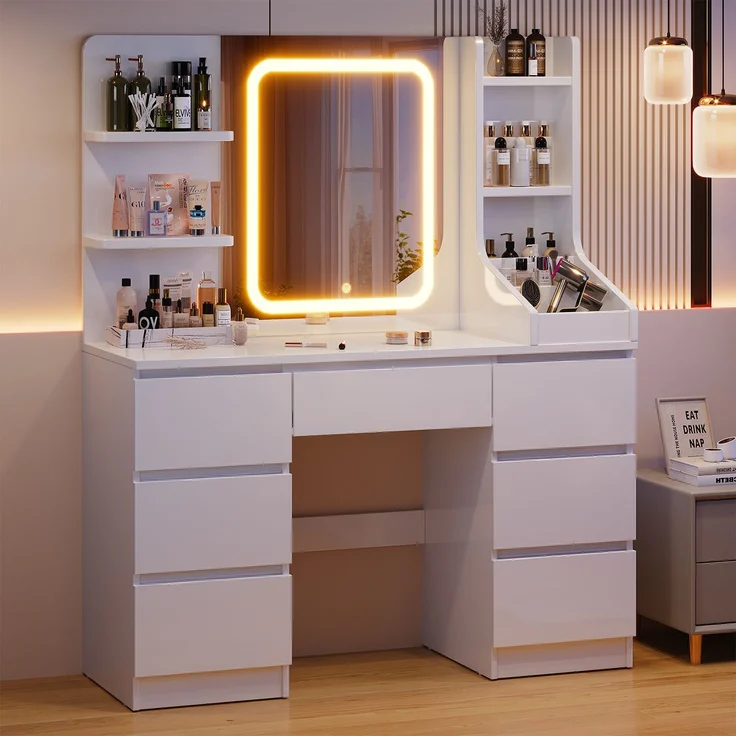 Devoko Schminktisch mit LED-Spiegel, Schubladen, Ablagefächer, Touch-Bedienung, Holzwerkstoff / Glas, Weiß, 110 x 50 x 140 cm – Bild 2
