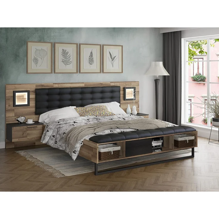 FORTE JAKOBINA Bett mit Nachtkommoden und 2 Schubladen und 1 Tür, Liegefläche 180x200 cm, Holzwerkstoff, Planked Eiche / Schwarzeiche, 296.8 x 119.7 x 234.5 cm – Bild 1