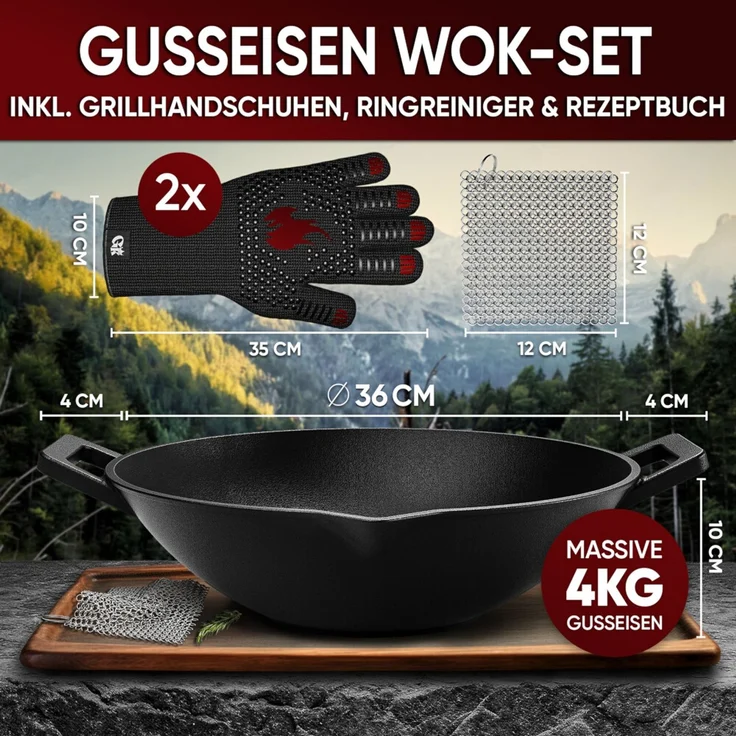 Gusseisen-Wok 35 cm massiv mit Ringreiniger 4 kg für Grill Herd & Feuerstelle robust & langlebig – Bild 2