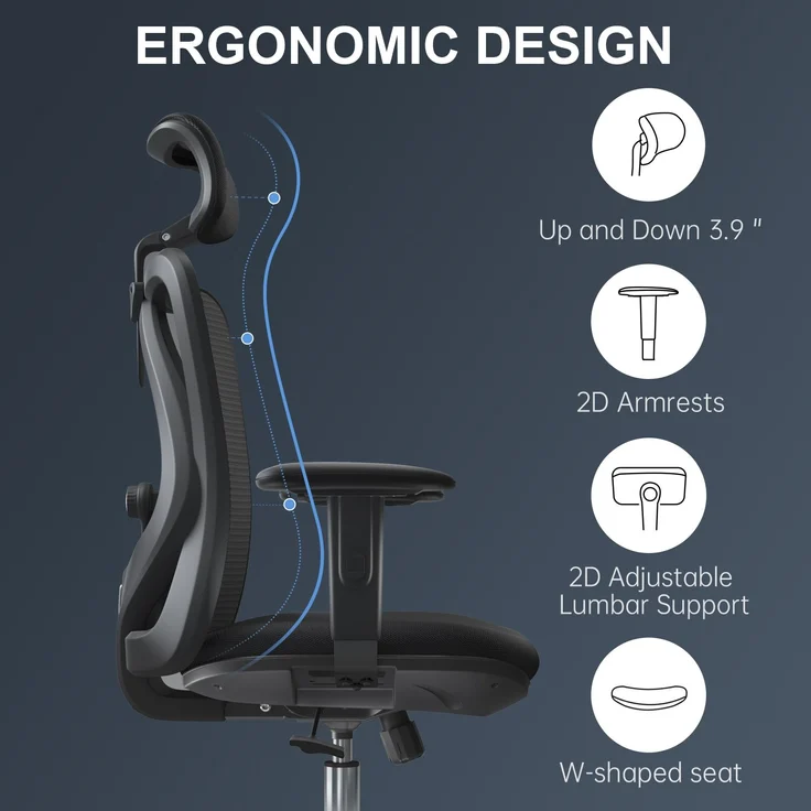 SIHOO Ergonomischer Schreibtischstuhl, Drehstuhl hat Verstellbarer Lordosenstütze, Kopfstütze und Armlehne, Höhenverstellung und Wippfunktion, Rückenschonend, Bürostuhl bis 150kg/330LB Belastbar – Bild 14