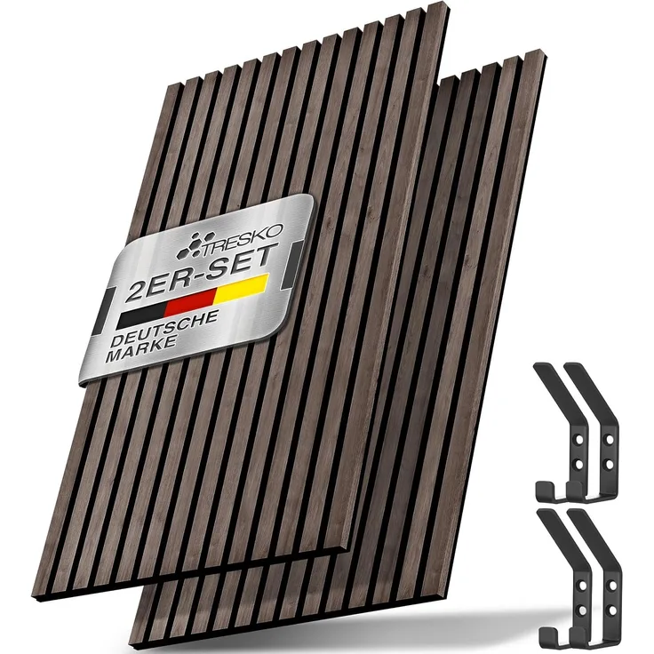 TRESKO® 2 Stück Akustikpaneele Holz 120×60 cm inkl. 4x Kleiderhaken | Wandverkleidung Nussbaum als 3D Lamellenwand | Holzpaneele Paneele für Schallschutz | Akustik Wandpaneele mit Montageset