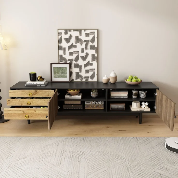 TV-Schrank 180 x 50 x 38 cm Schwarz Holz,Lowboard mit 2 Türen, 3 Schubladen, Wellenmuster, Massivholzbeinen – Bild 7