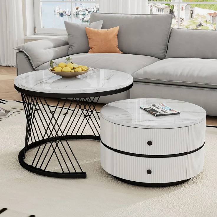 Couchtisch-Set rund, groß 60×60×46 cm und klein 50×50×31 cm, Hochglanz-Marmoroptik, MDF – Bild 2