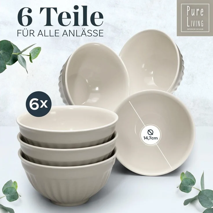 PURE LIVING INTERIOR DESIGN Geschirr-Set Hygge, 6er-Set Müslischalen, 16 cm, Riffelstruktur, Hellbraun (1-tlg), 6 Personen, Steingut, Spülmaschinenfest, mikrowellengeeignet, Suppe, Salat und Dessert – Bild 2