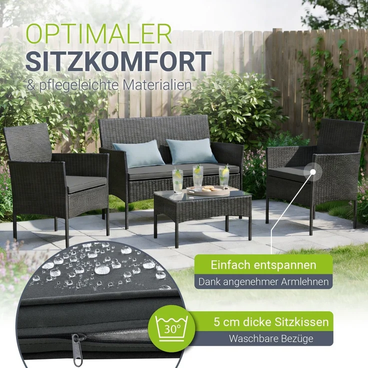 Juskys Polyrattan Gartenmöbel-Set Fort Myers schwarz inkl. Abdeckung – Sitzgruppe mit Tisch, Sofa & 2 Stühlen - Balkonmöbel für 4 Personen mit grauen Auflagen – Bild 2