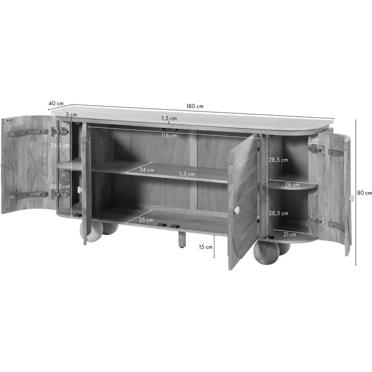 Sideboard Mango 180 x 40 x 80 dunkelbraun lackiert / Marmor schwarz FLORENZ #221 – Bild 7