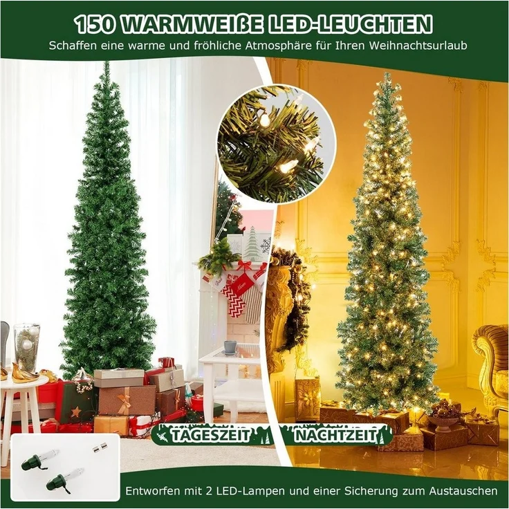 COSTWAY Künstlicher Weihnachtsbaum, 210cm halb, 450 PVC Spitzen, 150 LEDs – Bild 2