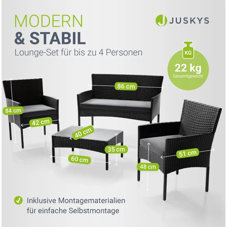 Juskys 'Fort Myers' Gartenmöbel Set mit Tisch, Sofa & 2 Stühlen, Polyrattan, 60x35 cm, Schwarz / Grau – Bild 6