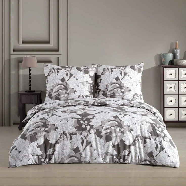 Buymax Bettwäsche Clisse, Renforce: 100% Baumwolle, 2 teilig, 155x220 cm, mit Reißverschluss, Blumen, Orchidee, Grau, Weiß – Bild 1