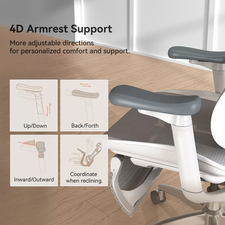 Sihoo 'Doro C300L' ergonomischer Schreibtischstuhl, Mit Fußpedal, 126 x 78,5 cm, in Weiß – Bild 20