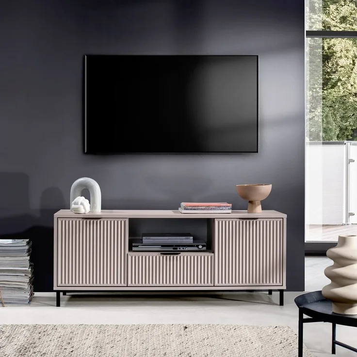 Lomadox Lowboard LAURO-161, Fernsehtisch Fernsehschrank TV-Schrank Kaschmir beige Rillen 135 cm
