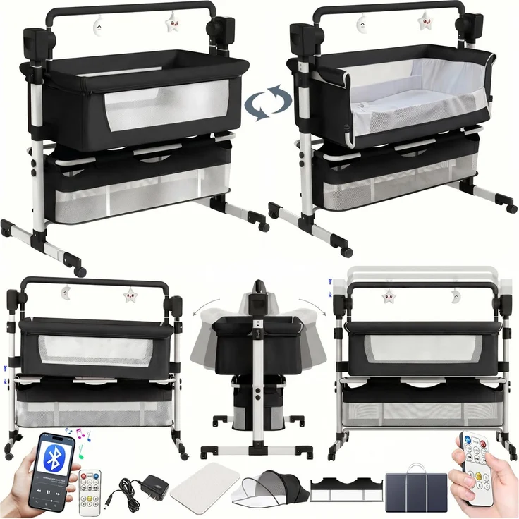 Magic ZC Elektrische Bluetooth Intelligent Beistellbett Baby mit Rollen, Faltbar Co-Sleeping Babybett, Convertible Stubenwagen Wiege mit Fernbedienung, Musik, 5-schwankende Zahnräder (601 Black)