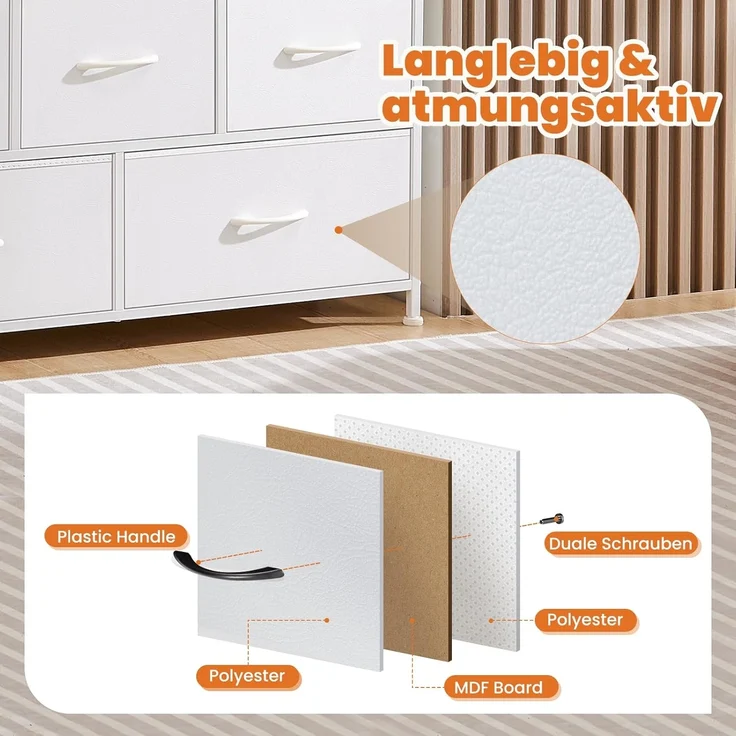 Sweetcrispy Kommode,TV Schrank Stand für Schlafzimmer mit 5 Stoffschubladen,Sideboard Wohnzimmer für 115cm TV,Einstellbare Füße Schubladenschrank,Komodenschrank für Schlafzimmer,Modernes Weiß – Bild 5
