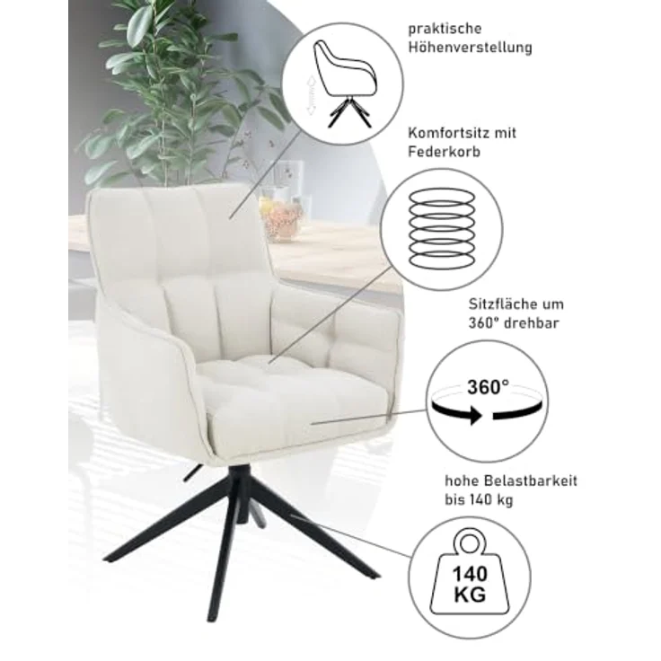 Hela Tische, Armlehnstuhl Polsterstuhl Pomba, Webstoff Beige, 360° drehbar, Sitzhöhenverstellung, Federkorb, 4-Fuß Gestell, 140kg belastbar – Bild 9