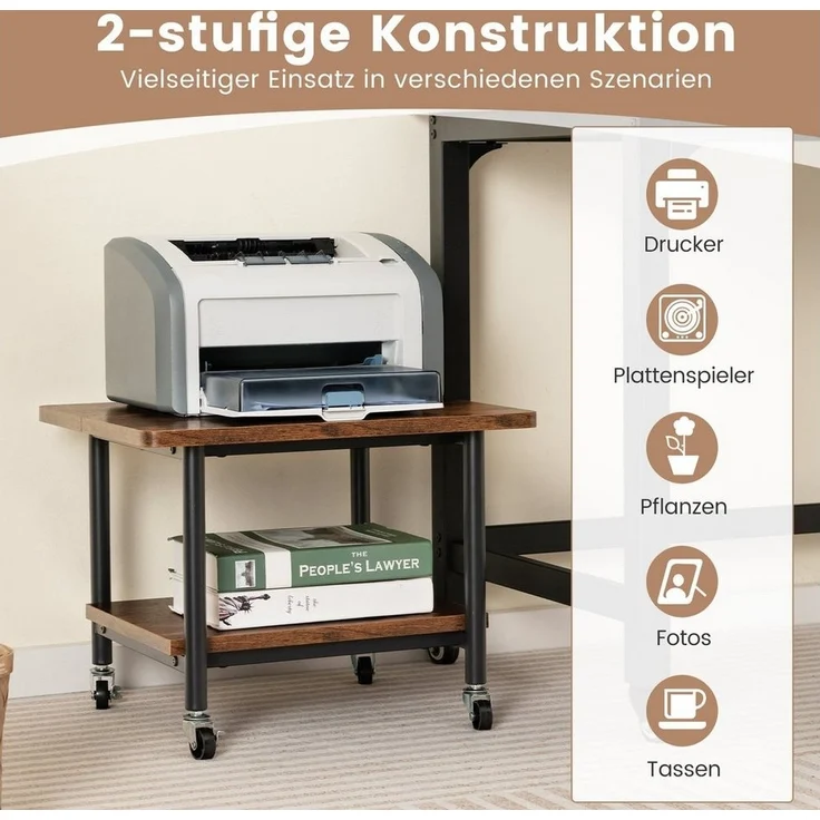 COSTWAY Druckertisch, mit 2 Ebenen & 4 Rollen, bis 35 kg, 49x40x38cm – Bild 2