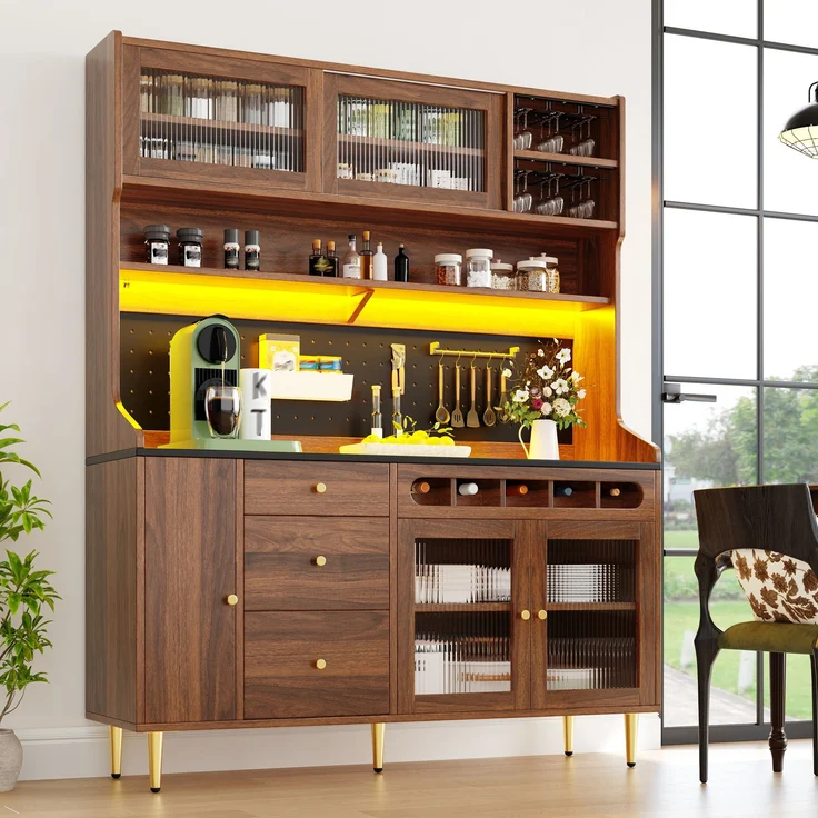 Hochschrank 145x39x171 cm in Walnuss mit LED, Glasschiebetüren und höhenverstellbaren Böden – Bild 2