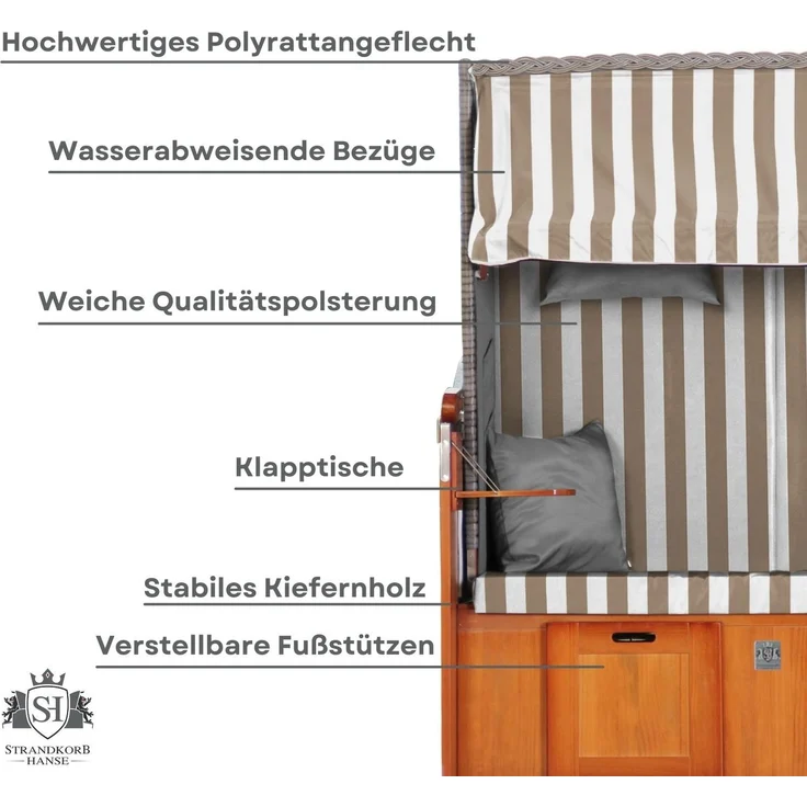 Strandkorb Hanse Ostsee Klassik XXL 2 Sitzer - Creme Weiß Blockstreifen, 137 x 166 x 78 cm – Bild 6
