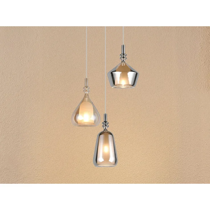 LED Cluster Pendelleuchte 3-flammig Glas Bernstein & Chrom verspiegelt, Ø 35cm