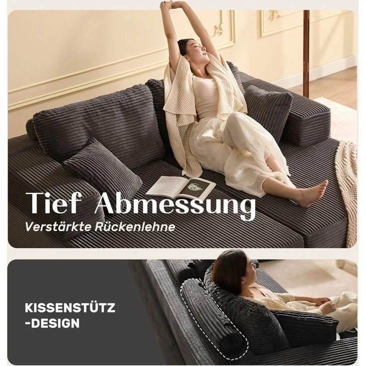 LITBIRD Sofa Modulares L-förmiges Ecksofa, rahmenloses Schlafsofa, montagefrei, 2 Teile, extra tiefe Sitzfläche, Doppel-Recamiere, ideal für Wohnzimmer – Bild 4