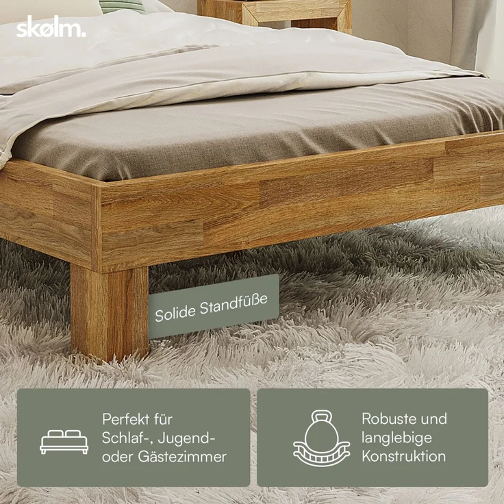 skølm 'Floki' Bett 140x200 cm, Bettgestell, natur geölt, Massivholzbett aus Eiche, geeignet als Doppelbett – Bild 4