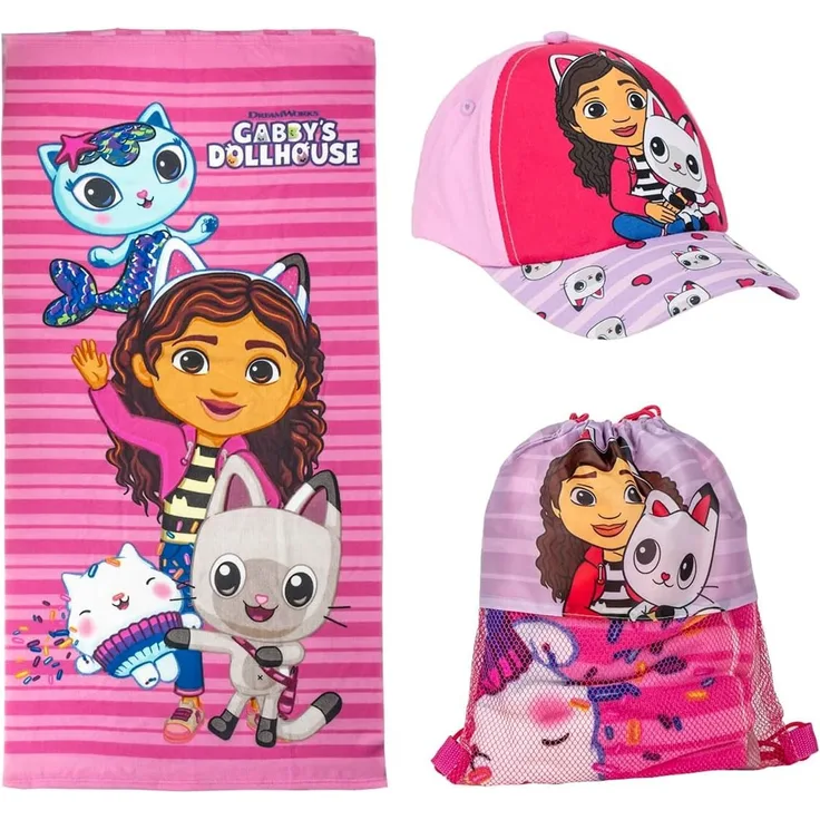 Gabby's Dollhouse Sommerset Strandtuch, Kappe und Tasche für Fans von Gabby's Dollhouse
