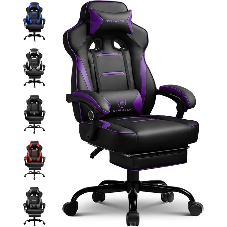 GTPLAYER Gaming Stuhl mit Fußstütze, Ergonomischer Bürostuhl 180kg, Schwerlast Gaming Sessel mit Lendenwirbelstütze und Kopfstütze, Höhenverstellbarer Computerstuhl, Gepolstert, neigbare 155°, Lila – Bild 1