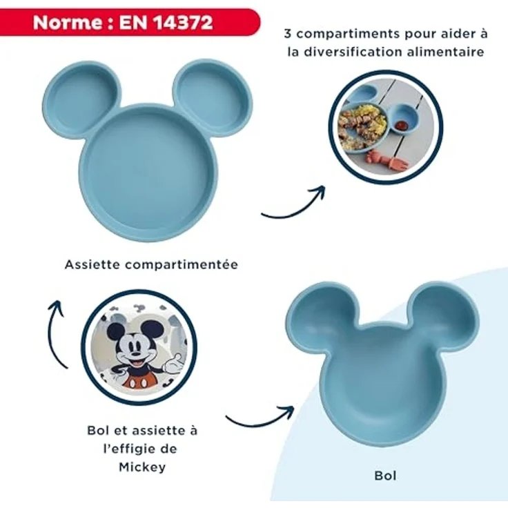 Disney Mickey Kindergeschirr-Set – unterteilter Teller – Schüssel – Löffel – Gabel und Tasse 360° – lustiges und praktisches Design für Baby-Mahlzeiten – Bild 3
