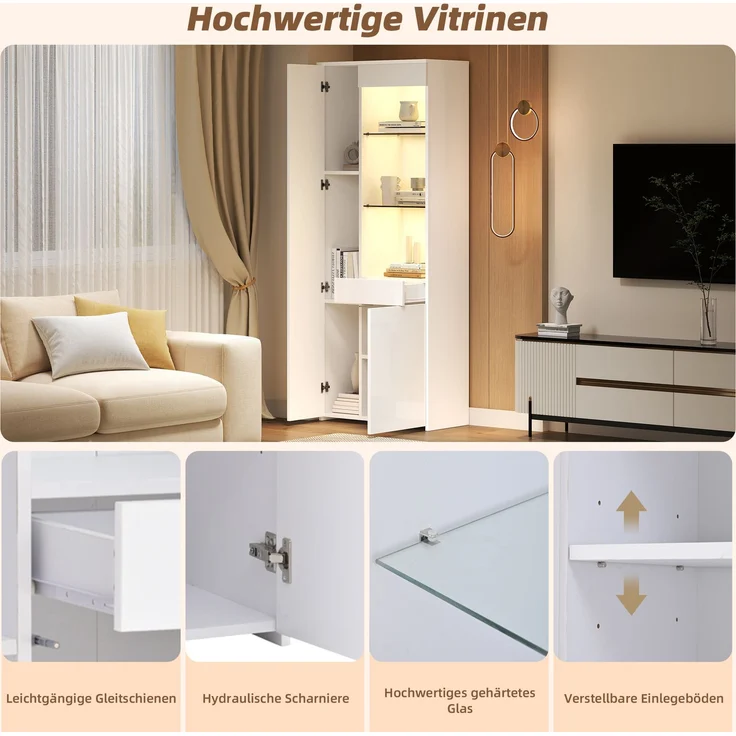 Vitrine 70x35x180 cm in Weiß, Hochglanzfront, LED-App-Steuerung & Schublade – Bild 8
