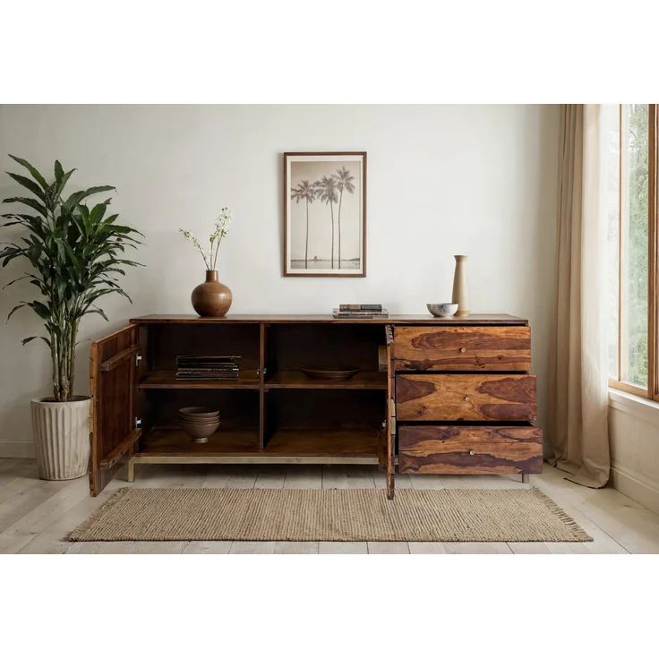 FineBuy Sideboard Sheesham Massivholz 180 cm 2 Türen & 3 Schubladen - Massive Retro Kommode mit Goldfarbenem Metall Gestell - Design Natur Anrichte - Handmade Industrial – Bild 4