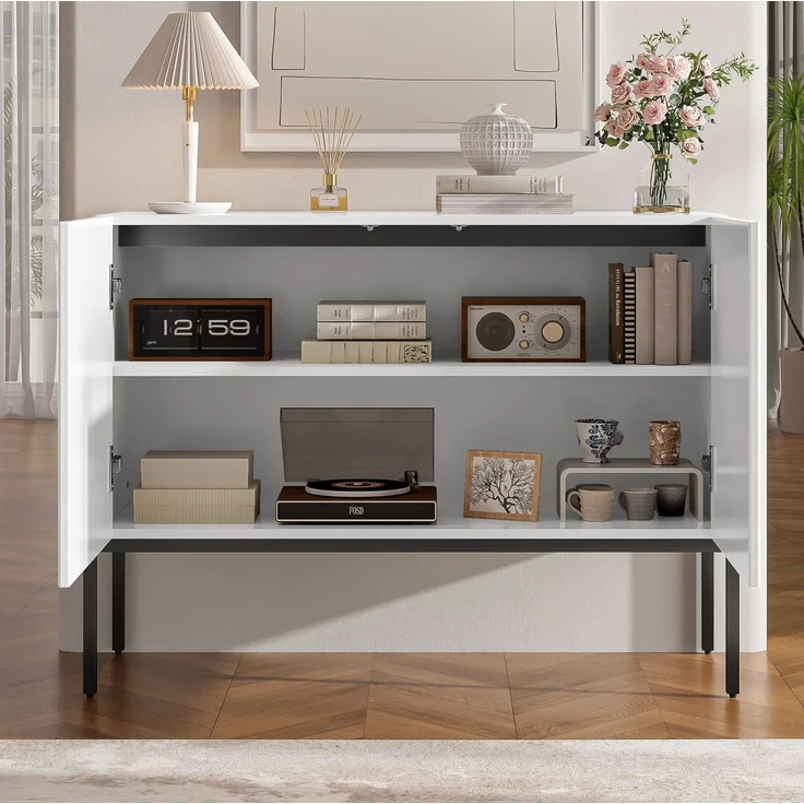 DESVIAE Sideboard Weiß aus Spanplatte – 100x75x40 cm – 2 Türen, Metallbeine – Bild 9