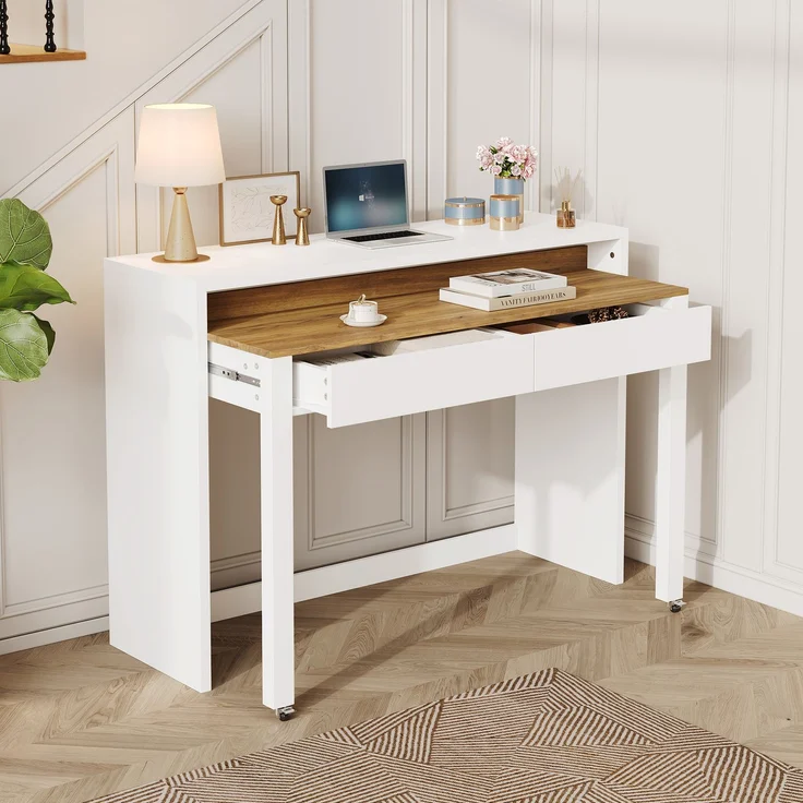 Schreibtisch ausziehbar mit 2 Schubladen, Rollenbremse und Schutzkante, Eiche-Optik/Weiß,87x100x40 cm – Bild 2