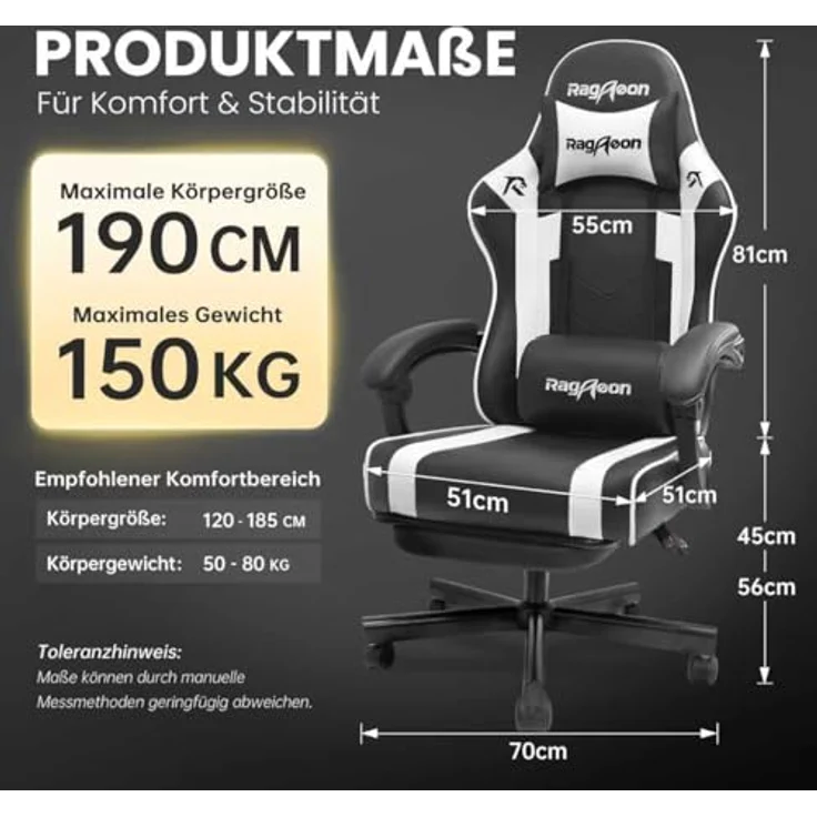 Riftracer Gaming Stuhl, ergonomischer Gaming Sessel mit verstellbarer Fußstütze, Kopfstütze und Lordosenstütze, Tragkraft 150 Kg, schwarz – Bild 3