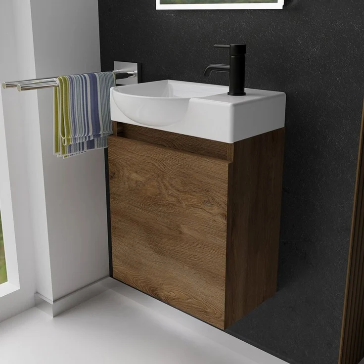 Alpenberger Badmöbel-Set Gäste WC Waschbecken mit Unterschrank - Hängeschrank Vormontiert, (Badschrank 2-tlg, Waschtisch hängend), Waschbeckenunterschrank mit Softclose - Farbe Eiche – Bild 1