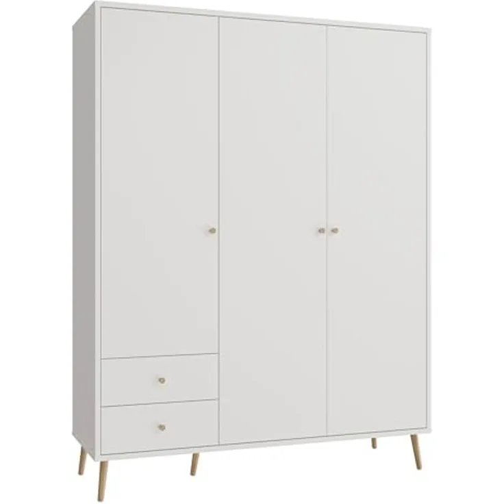 Forte HARLLSON Kleiderschrank 150 160, Mid-Century-Modern Stil, leichte Montage Dank EasyKlix by Forte, 3-türig, 2 Schubladen, Holzwerkstoff, Weiß, 154,2 cm breit x 201,7 cm hoch x 52,2 cm tief