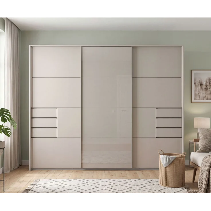 Schwebetürenschrank Kleiderschrank 3-trg 273cm Beige Grau Glasfront Passepartout – Bild 3