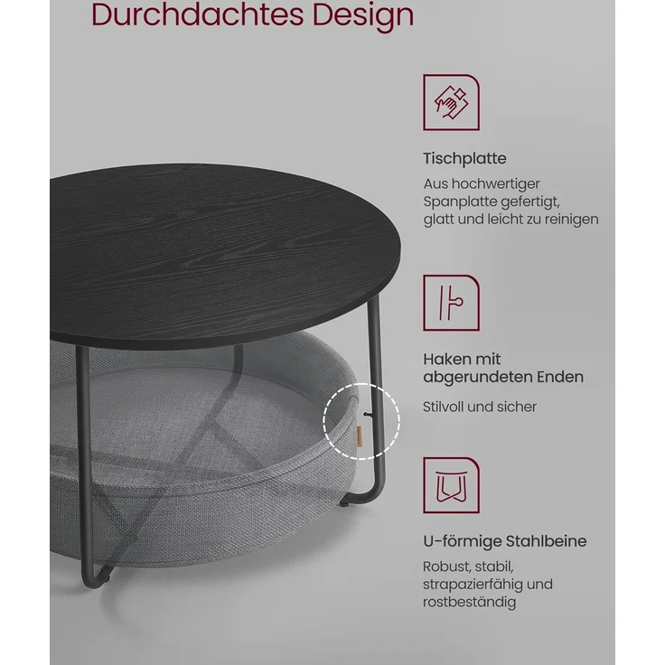 Vasagle Couchtisch, Beistelltisch, Wohnzimmertisch mit Korb aus Stoff, modern,Tintenschwarz-Schiefergrau – Bild 4