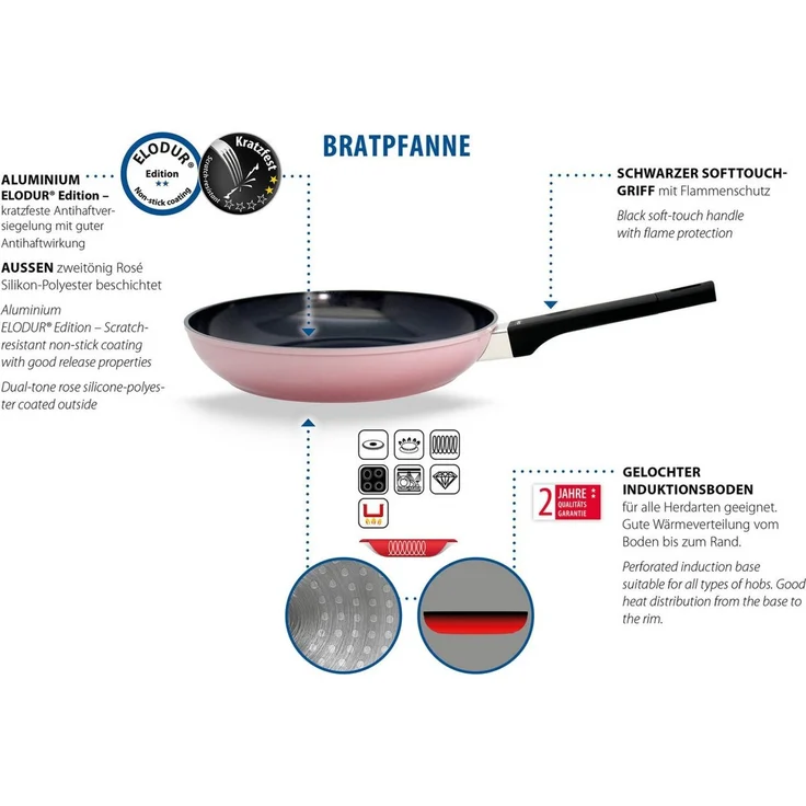 Elo Basic Bratpfanne Basic Pfanne + Gratis Mini Herzpfanne, Aluminium (Set, 2-tlg), aussen rosé Silicon Polyester beschichtet – Bild 3
