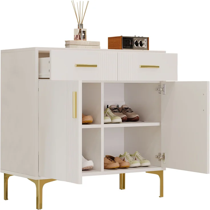 Moderner Schuhschrank mit Schubladen Landhausstil Weiß 80cm Breite Stauraum für Flur und Diele Garderobe Schuhkommode Schuhregal mit Türen und Schubladen für bis zu 20 Paar Schuhe mit Kippsicherung, 79.5cmx35cmx80cm, Weiß – Bild 6