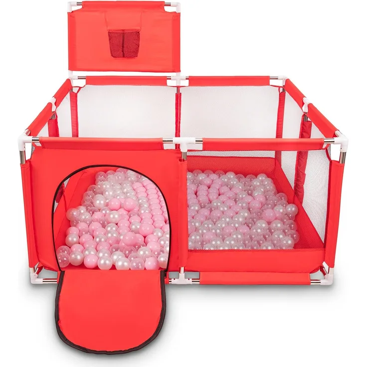 Selonis Laufstall Mit Korb Und 100 Bälle Bälle Laufgitter Für Kinder, Rot:Puderrosa/Perle/Transparent