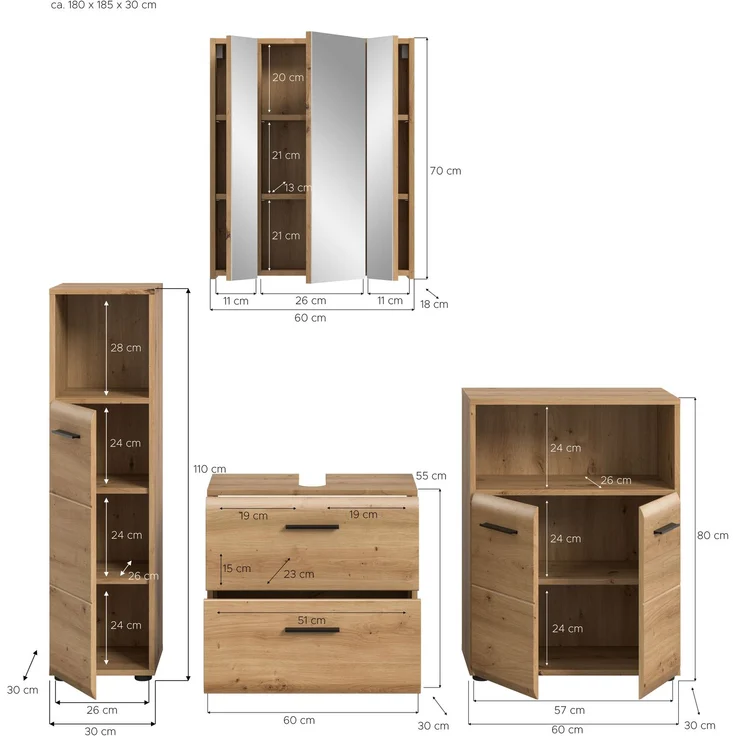Badkombination (B/H/T: 180x185x30 cm) in Artisan Oak Nachbildung und Artisan Oak Nachbildung – Bild 4
