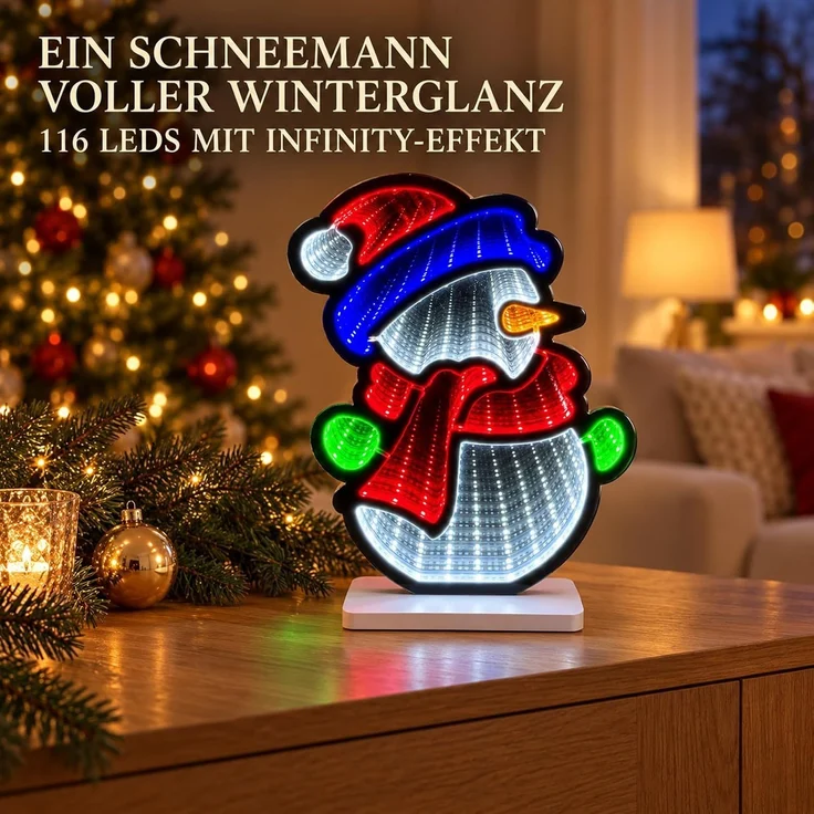 LED Infinity Spiegel Schneemann 28 cm mit Timer, bunte Weihnachtsdeko innen – Bild 4