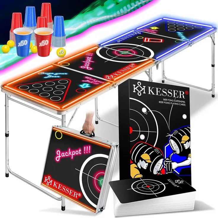 KESSER® Beer Pong Tisch Set mit LED, Kartenspiel, 100 Becher & 6 Bälle, höhenverstellbar / klappbar, Aluminium schwarz, 61 x 244 x 76 cm