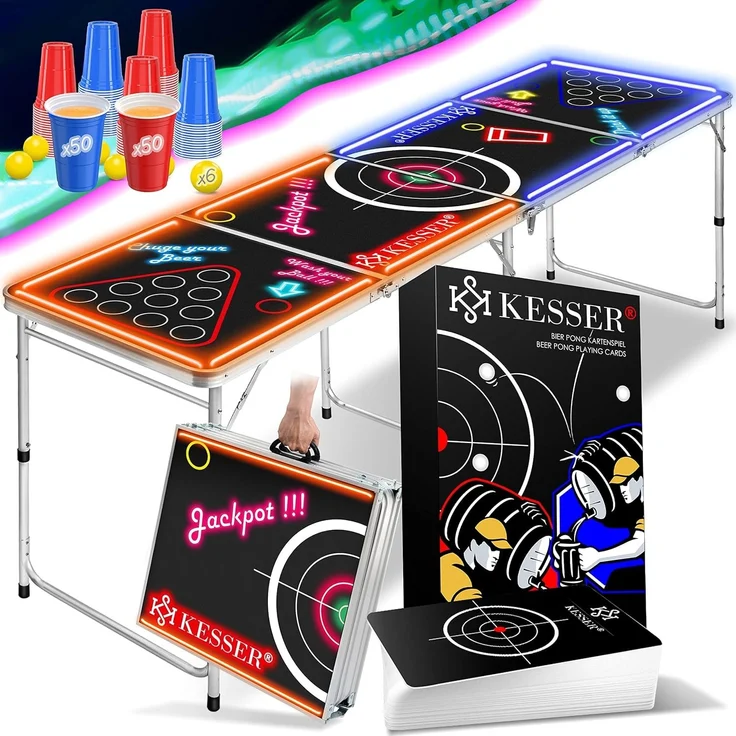 KESSER® Beer Pong Tisch Set mit LED, Kartenspiel, 100 Becher & 6 Bälle, höhenverstellbar / klappbar, Aluminium schwarz, 61 x 244 x 76 cm – Bild 1
