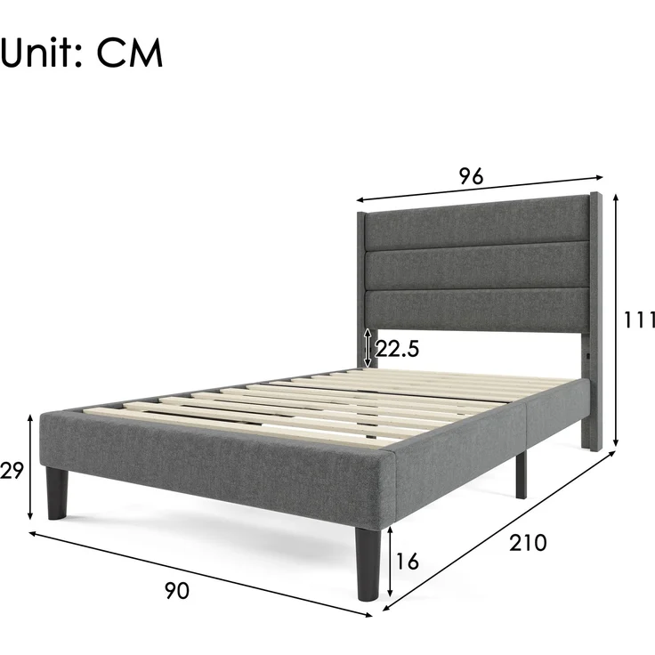 Polsterbett 90x200 cm mit Lattenrost und gepolstertem Kopfteil, Leinenbezug in Grau, zeitloses modernes Design, Jugendbett – Bild 10