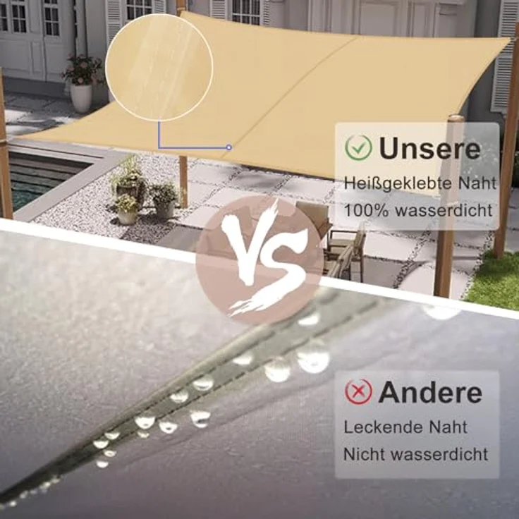 SUNNY GUARD Sonnensegel Wasserdicht 5x5m Rechteckig Sonnenschutz Wetterschutz Segel Baldachin UV Schutz für Balkon Terrasse Garten, Sand – Bild 4