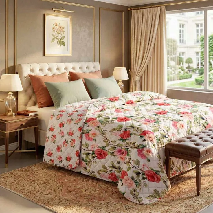Delindo Lifestyle Tagesdecke Rosenmuster, Bettüberwurf 140x210 oder 220x240 oder 240x260, Digitaldruck, Florales Rosenmuster, Gesteppt, Leicht, Wendbar