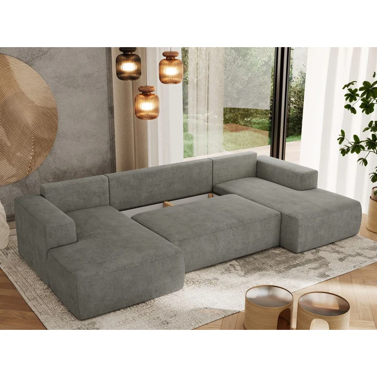 U-förmiges Ecksofa mit Schlaffunktion, Bettkasten und losen Kissen, zwei Armlehnen - TRENTINO U - Grau Stoff – Bild 4
