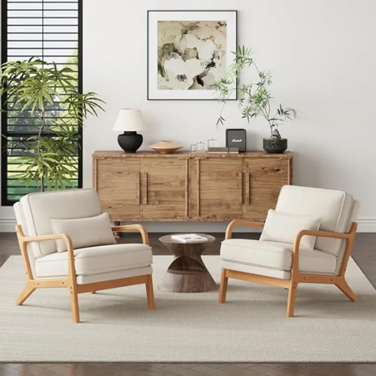 COLAMY Sessel Wohnzimmer Mid-Century Modern 2er Set, Loungesessel mit Lendenkissen, Massivholzrahmen & weichem Polster, bequemer Lesesessel für Wohnzimmer und Schlafzimmer, Beige