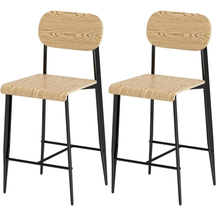 Barhocker 2er Set, Barstuhl mit Fußstütze, Metallgestell, Küchenstuhl mit Sitzhöhe 66 cm, Tresenhocker einfache Montage, Industrie-Design Naturholz+Schwarz--Naturholz--55x43x103cm--YOUDENOVA